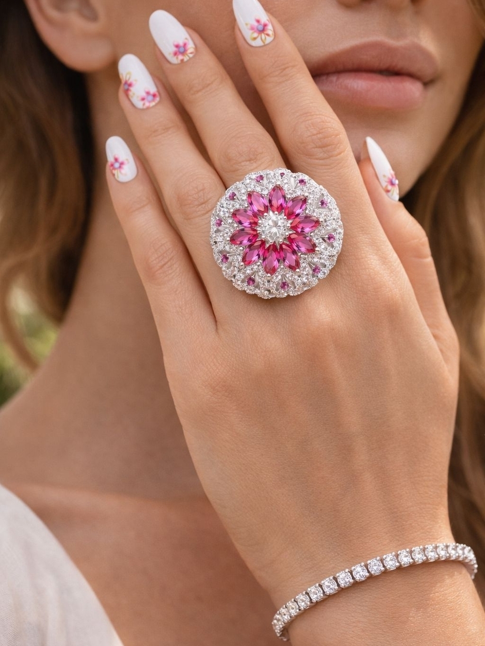 Pink Floral Cluster Statement Ring - Silver Tone